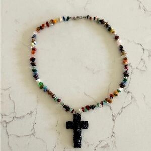 Multicolor Semi Precious Gemstone Chunky Necklace w/ Black Cross Pendant